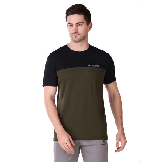 Half & Half Dot Knit T-Shirt - Olive Green
